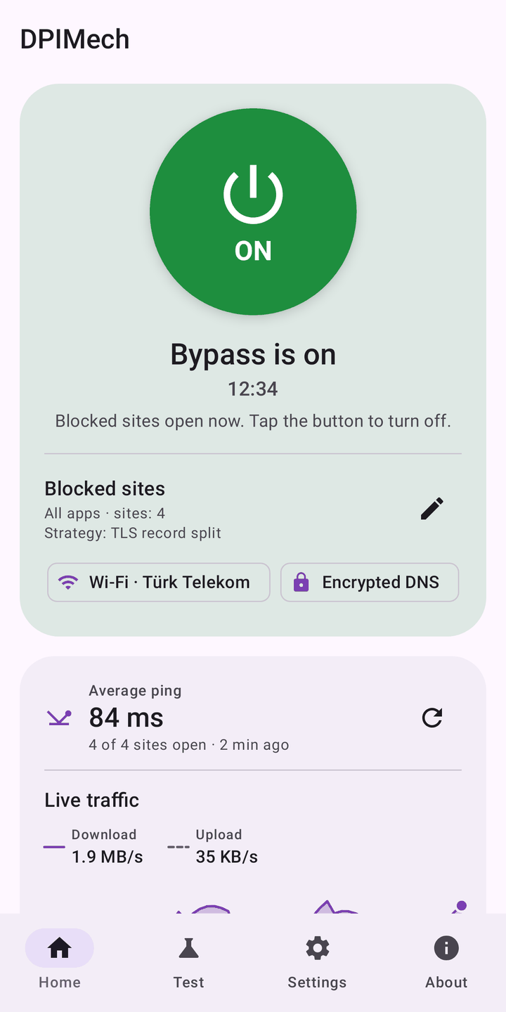 Home: the green power button, live traffic and ping